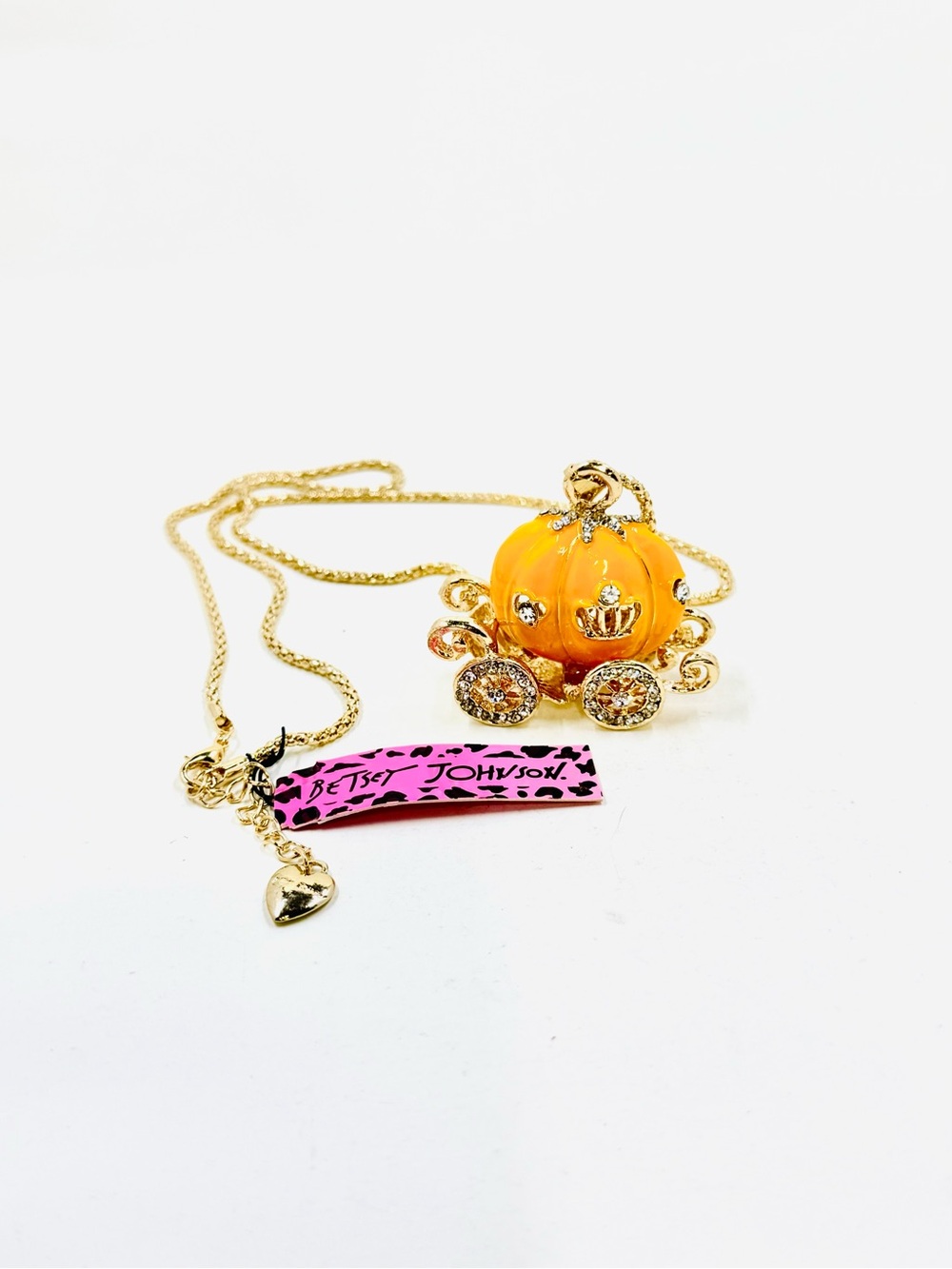 Betsey Johnson Gold Tone Orange Enamel Pumpkin Carriage Pendant Necklace NWT